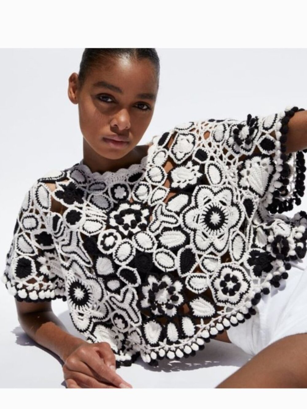 Zara Crochet Floral Pom Pom Top | S